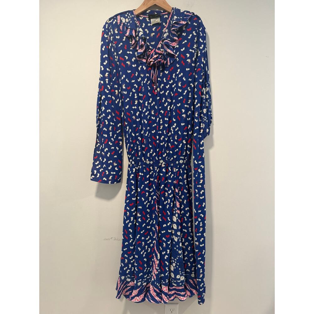 Vintage Diane Freis Long Sleeve Maxi Dress Blue Red & White Abstract Medium JL